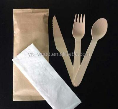 China Disposable Disposable Wooden Cutlery Set Packing By Craft Paper Bag for sale