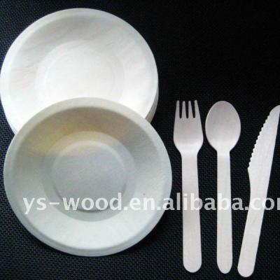 China Stocked Tray Disposable Wooden Dish With Biodegradable Birch Wood Cutlery Fork Spoon Knife for sale