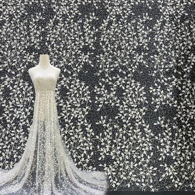 China Factory Price Viable Chinese Custom Leaves Sequins White Embroidery Lace Fabric Tulle for sale