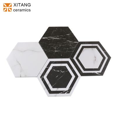 China Kitchen Floor And Wall Porcelain Hexagon Design 200x230mm White And Black Tile For Kitchen Bathroom Balcony Hotel Wine Bar for sale