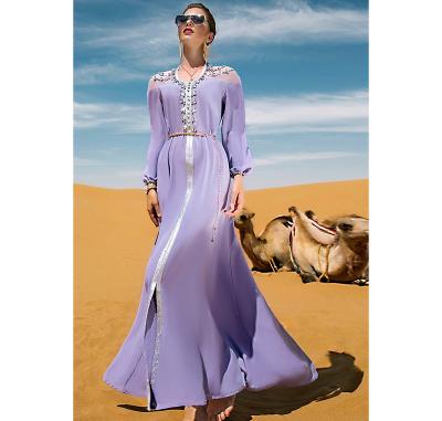 China Casual Modern Fashion Rhinestone Mesh Insert Contrast Tape Lantern Sleeve Slit Purple Elegant Purple Fairy Edge Belted Muslim Dress Women Long Dress for sale