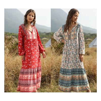 China Fashion lace-up spring loose Bohemian women's print long dress and summer ethnic style loose long-sleeved prickly skirt for sale