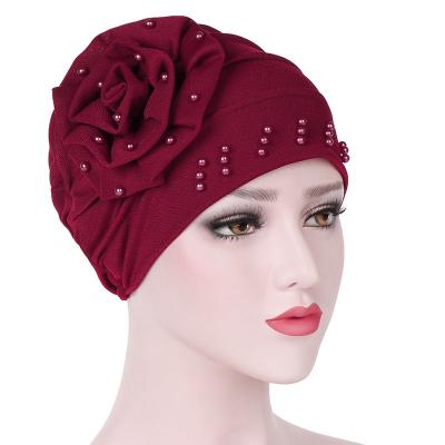 China Wholesale Breathable Adjustable Elasticity Muslim Hijab Point Diamond Beaded Big Flower Decorated Headscarf Hat Malaysian Arab Turban for sale