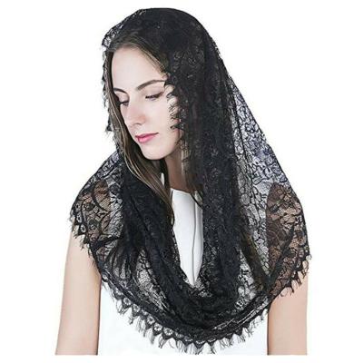 China Ribbed Tank Top Hijab Covers Scarf Catholic Islamic Wedding Hijab Turban Lace Women Bridal Veil Black White Muslim Shawl for sale