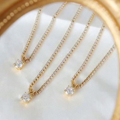 China TRENDY Luxury Full Diamond Zircon Single Diamond Necklace Micro Inlaid Process Stainless Steel 18K Gold Plated Ladies Banquet Necklace for sale