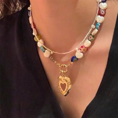 China Trendy Lovely Jewelry Flower Glass Love Pearl Necklace Beaded French Vintage Colorful Necklace Women Gift for sale