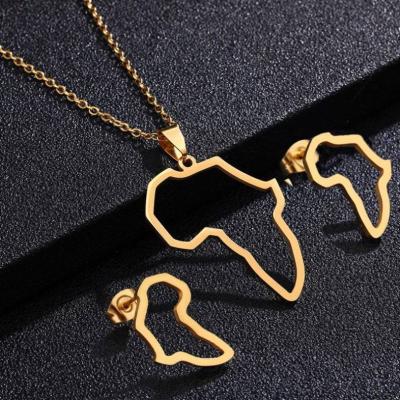 China Vintage Fashion Selling Hollow African Map Pendant Necklaces Earrings Men & Women Stainless Steel Dubai Gold Jewelry Set for sale