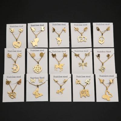 China TRENDY Water Proof New Fashion Bridal 18K Gold Stainless Steel Fish Bone Wing Horse Flower Pendant Necklaces And Earrings Set for sale