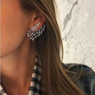 China Environmental Friendly One piece high quality fashion bling rhinestone earrings jewelry custom detachable silver leaf earrings for women for sale