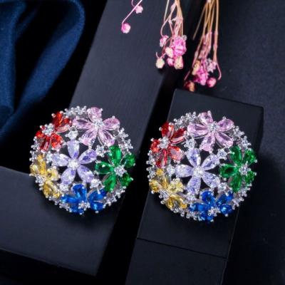 China Environmental Friendly High quality geometric round CZ flower earrings jewelry luxury bridal wedding colorful zircon stud earrings for women for sale