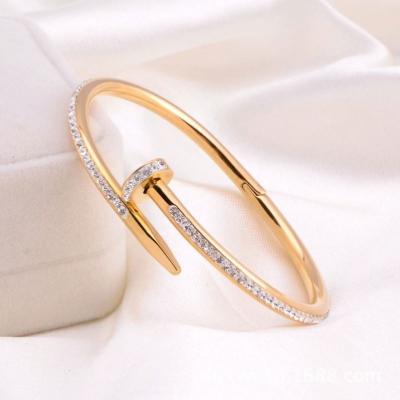 China Environmental Friendly High Quality 18K Gold Plated CZ Nail Bangle Bracelet Jewelry Luxury Brand Stainless Steel Cuff Zircon Bracelet for sale