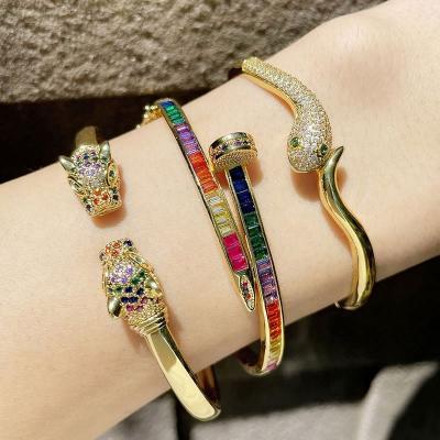 China TRENDY Personality Inlaid Colorful Zircon Nail Bracelet Snake and Leopard Head Open Bracelet Female Exaggerated Animal 18K Gold Plated for sale