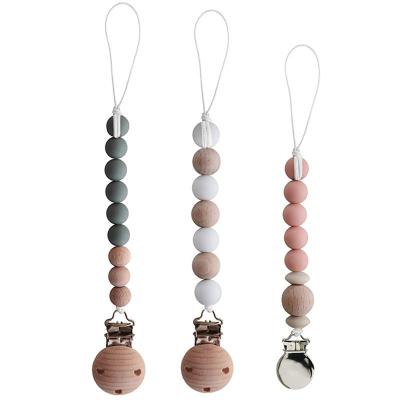 China Eco-friendly silicone wooden bead silica gel baby pacifier chain baby pacifier chain dummy prevention for sale