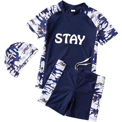 China QUICK DRY Custom Logo Camouflage Printed Three Piece Kids Swimwear Set Plus Size Boys Swimwear for sale