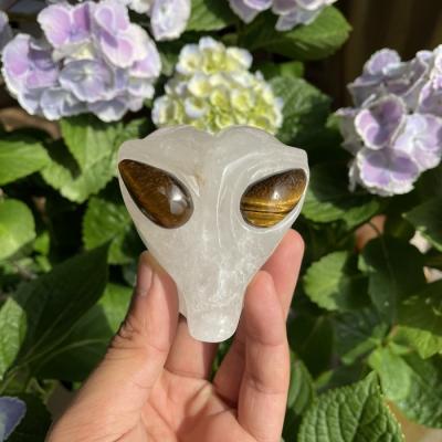 China China Wholesale Hand Carved Quartz Alien Crystal Skulls Craft Carving Clear with Tiger Eye Eye Crystal Head Skulls for sale