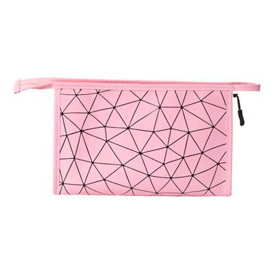 China Durable Luxury Custom Travel Makeup Bag Diamond Lattice Geometric Patterns Printing Pink PU Cosmetic Bag à venda