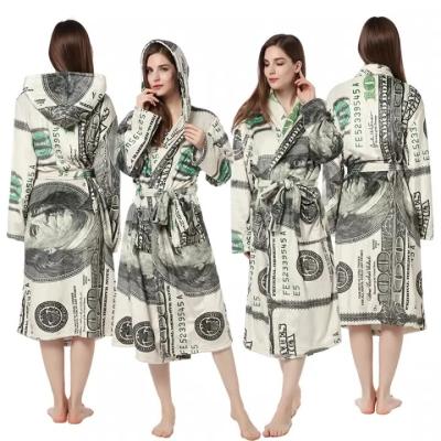 China New extra thick warm flannel pajamas party personality hooded unisex bathrobe US dollar printing men's and women's pajamas for sale