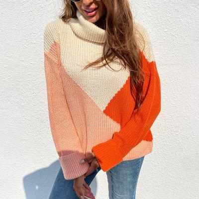 China Anti-pilling sweater women fall turtle neck 2021 new INTERSIA color patchwork top long sleeve bubble sweater fashion knit sweater for sale