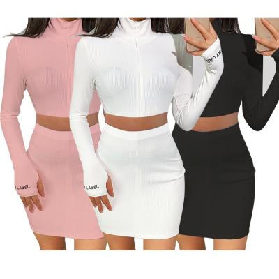 China 2021 Breathable Customs Embroidered LOGO Set High Neck Long Sleeve Ribbed Crop Top Zipper Cardigan Women's Sweater And Skirt 2 Piece Set for sale