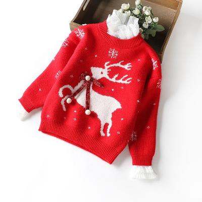 China 2021 New Anti-wrinkle Christmas Girls Lace Up Crew Neck Long Sleeves Reindeer Deer Snow Sweater for sale