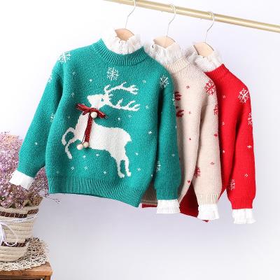 China High Quality Round Neck Jacquard Snowman Deer Long Sleeve Lace Collar Christmas Anti-wrinkle Lace Ugly Factory Girl Sweater for sale