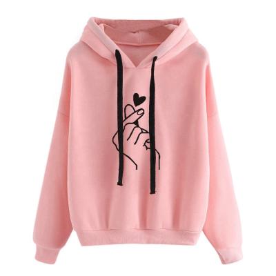 China Autumn/winter solid color contrast heart print sport hoodie women wear viable pink pullover for sale