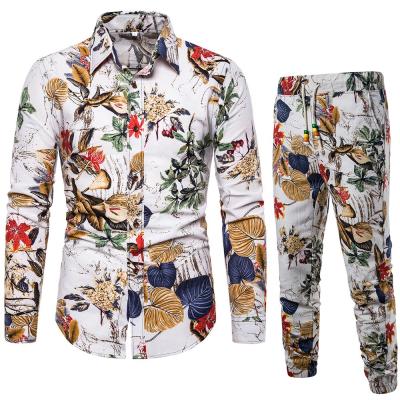 China Cheap New 2021 Men Breathable Canvas Printing Men's Two Piece Casual Long Sleeve Set Hawaiian Shirt And Pants Set Wholesale for sale