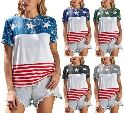 China QUICK DRY women's 2021 summer fashion print spliced ​​star loose casual short-sleeved striped T-shirt for sale