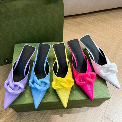 China Designer Heels Candy Color Pointed Toe Mules Chain Low Slippers 2021 Lady Heels Women Designer Heels for sale