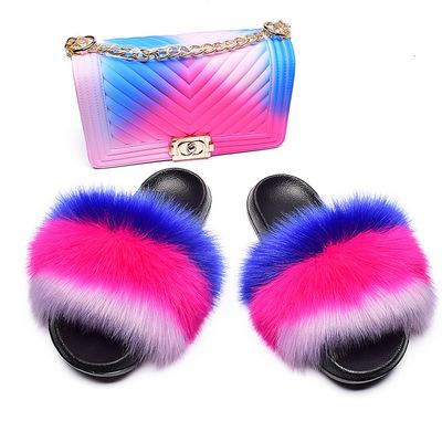 China 2021 Hot Selling PVC Women's Furry Slippers Sandals Freeze Bag Handbags Real Fox Fur Slides With Purse Set for sale