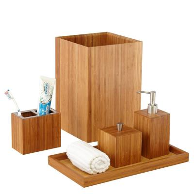 China Sustainable Bamboo Bathroom Accessories Set Bamboo Bathroom Set Including Soap Dispensertoothbrush Holder for sale