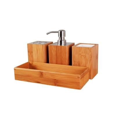 China Sustainable Bamboo Bathroom Accessory Set With Square Soap Dispenser Storage Cup Toothbrush Holder Amenity Tray for sale