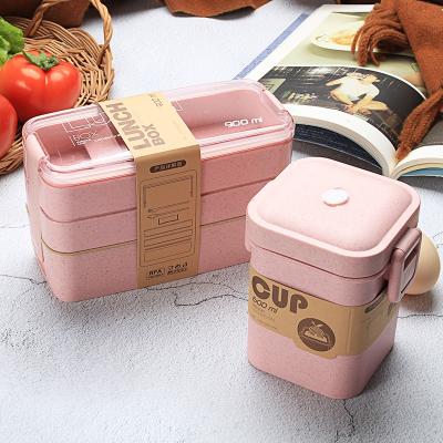 China 1000ML Japanese Wheat Microwavable Straw Stackable 3 Layers Student Lunch Box Bento Lunch Box With Desktop Spoon and Fork for sale