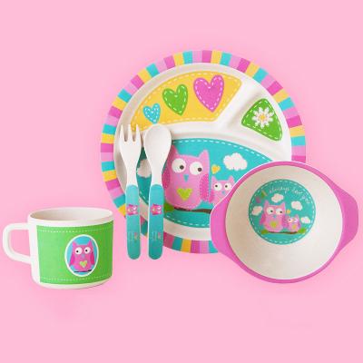 China Vintage Unbreakable Creative Baby Tableware Sets 5 Pieces Straw Wheat Fork Cup Spoon Bowls Dishes Tableware Cartoon Sets For Kids for sale