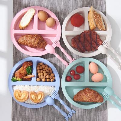 China Lightweight Three Compartments Unbreakable Reusable Eco-Friendly Reusable Baby Divided Wheat Straw Feeding Dishes Sets With Spoon Fork for sale