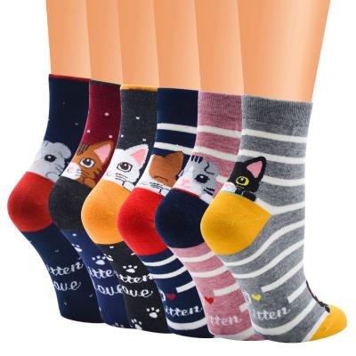 China Antibacterial SX Custom Design Low Price Popular Cat Animals Funny Socks Combed Stripe Women Socks High Quality Cotton With Cartoon Pattern for sale