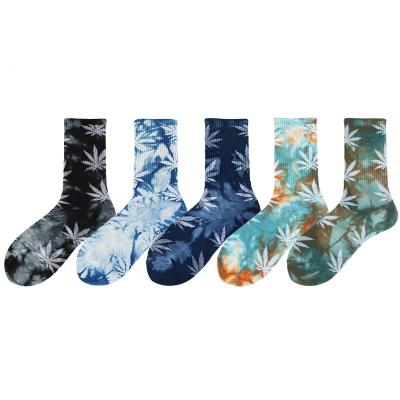 China Custom made Shunxin sports autumn logo hemp leaf printed socks couples sports tube style street socks tie dye European and American wholesale for sale