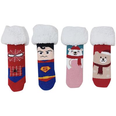 China SX Winter Antibacterial Custom Thermal Warm Fuzzy Floor Slipper Anti-Slip Fleece Lined Sherpa Socks Cartoon Superheroes Marvel Kids Socks for sale