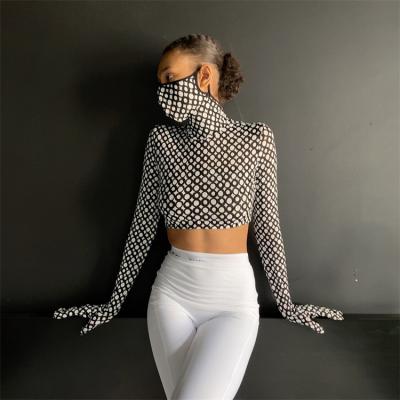 China Breathable Fashionable Veiled Crop Tops T Shirts Turtle Neck Blouse Long Sleeve Women Crop Top for sale