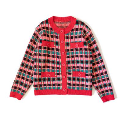 China Wholesale Custom Retro Red Plaid Breathable Loose Knit Women's Cardigan Knitted Sweater Coat for sale