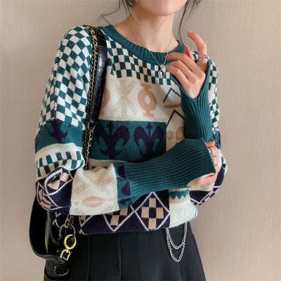 China Winter Breathable Sweater Knit Patchwork Sweater Women Vintage Round Neck Long Sleeve Oversized Plaid Sweater for sale