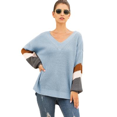 China 2021 Autumn Winter Sweetheart V-Neck Lantern Sleeve Breathable Striped Color-block Striped Women's Sweaters for sale