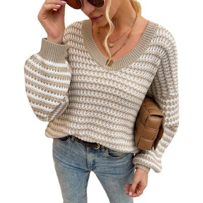 China Breathable Loose V-Neck Knit Pull Over Sweater Women Knit Pullover Striped Sweaters for sale