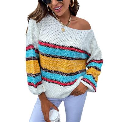 China Custom Women Breathable Loose Plus Size Sweater Cotton Knitwear Striped Crewneck Pullover Knitting Sweater for sale