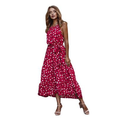 China Anti-wrinkle Women Casual Vintage Chiffon Shirt Dress Bow Midi Dress Floral Print Sleeveless Casual Dress for sale