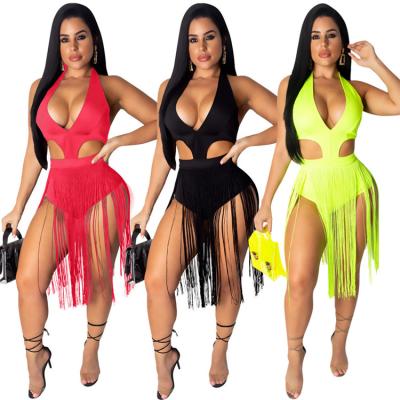 China QUICK DRY solid color fringed high waist cutout women's sleeveless tassel dress tight jumpsuit woman for sale