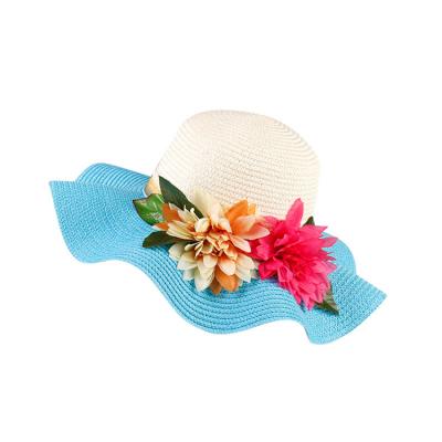 China Wholesale Big Wide Wavy Brimmed Beach Straw Hats Outdoor Summer Sun Brim Floppy Simulated Big Flower Hat for sale