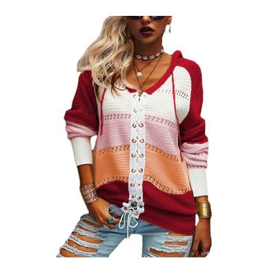 China European and American coat on the other side of NewVCollar sweater 2021 lace up patchwork contrast color long sleeve cardigan for women for sale