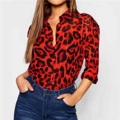 China Anti-pilling 2021 Ladies Love Long Sleeve Leopard Grain Chiffon Tops Summer V-Neck Long Sleeve Shirt Women's Shirt for sale