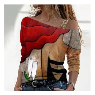 China The other emotional 2021 Autumn Winter Coat fashion trend printing collar long sleeveTT-shirt diagonal women's clothing for sale